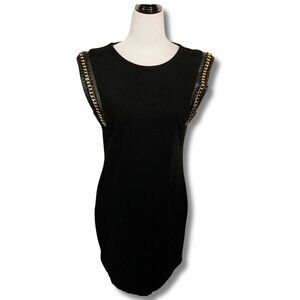 DEX Black pencil dress w/ pleather and gold tone chain detailing ~ MEDIUM LARGE